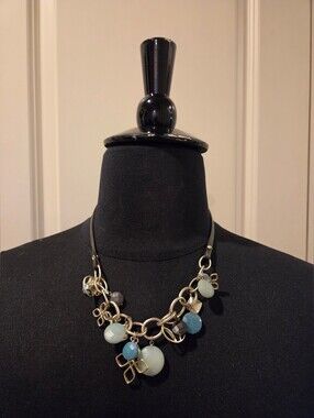 Fossil Blue and Light Blue Bead, Silver Tone Links And Leather Bib Necklace